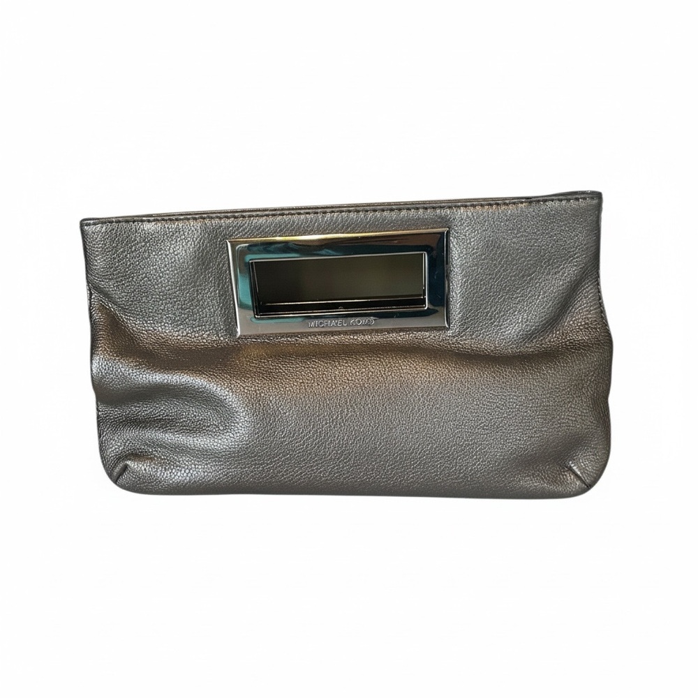 Michael Kors Pewter Metallic Leather Evening Clutch Silver Hardware Handle Bag - Picture 4 of 7